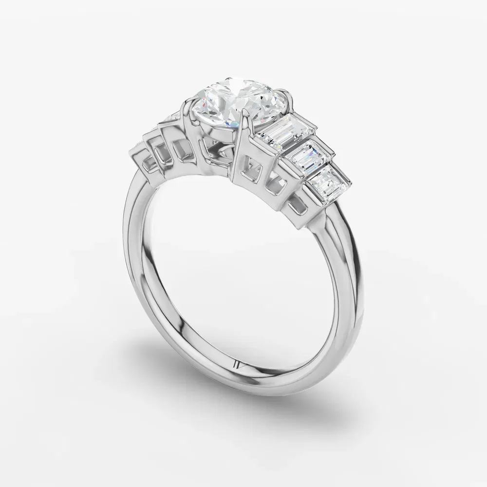 Certified 1 carat Lab Grown Diamond Round Cut Baguette, Art Deco, Four Prong Engagement Ring in 14K White Gold-Zepy