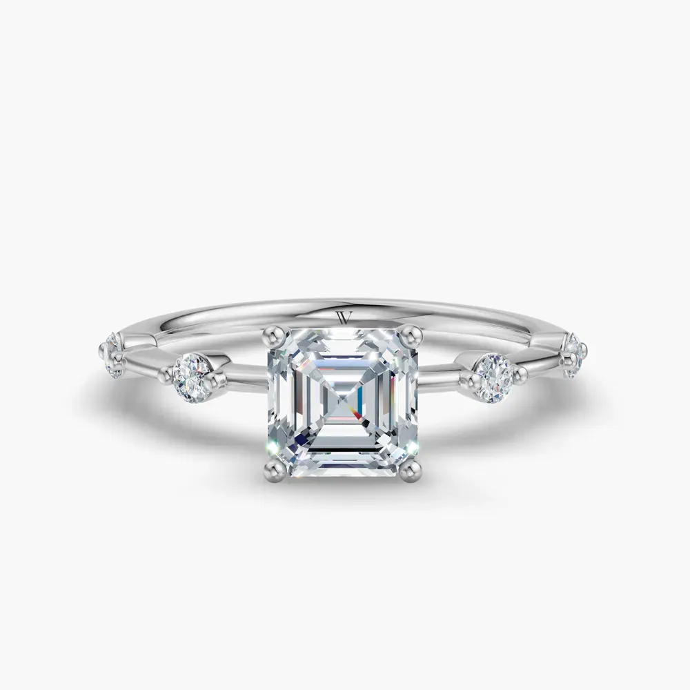 Certified 1 carat Lab Grown Diamond Asscher Cut Low profile, Side Stone Engagement Ring in 14K White Gold-Hriw