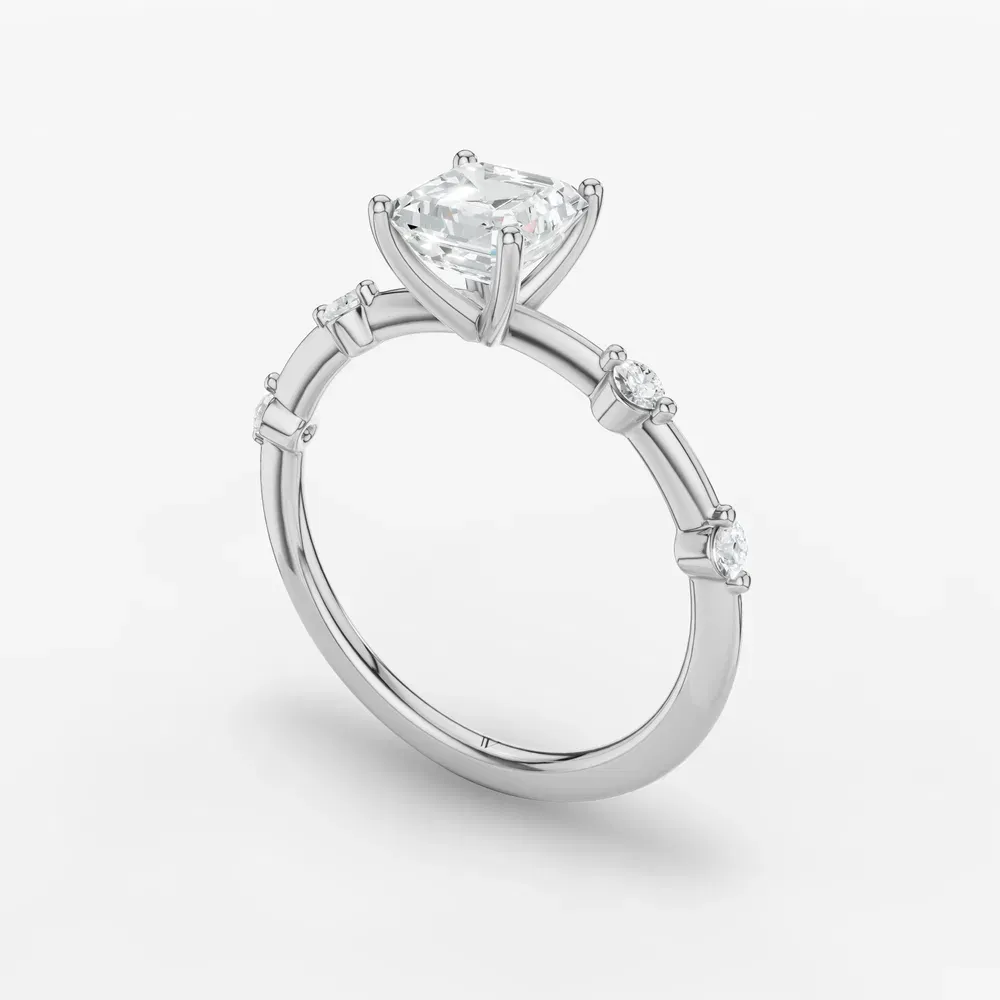 Certified 1 carat Lab Grown Diamond Asscher Cut Low profile, Side Stone Engagement Ring in 14K White Gold-Hriw