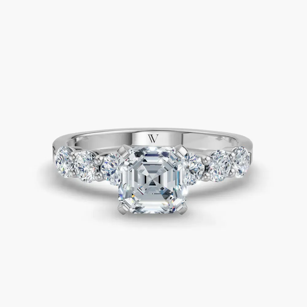 Certified 1 carat Lab Grown Diamond Asscher Cut Side Stone Engagement Ring in 14K White Gold-Nylis