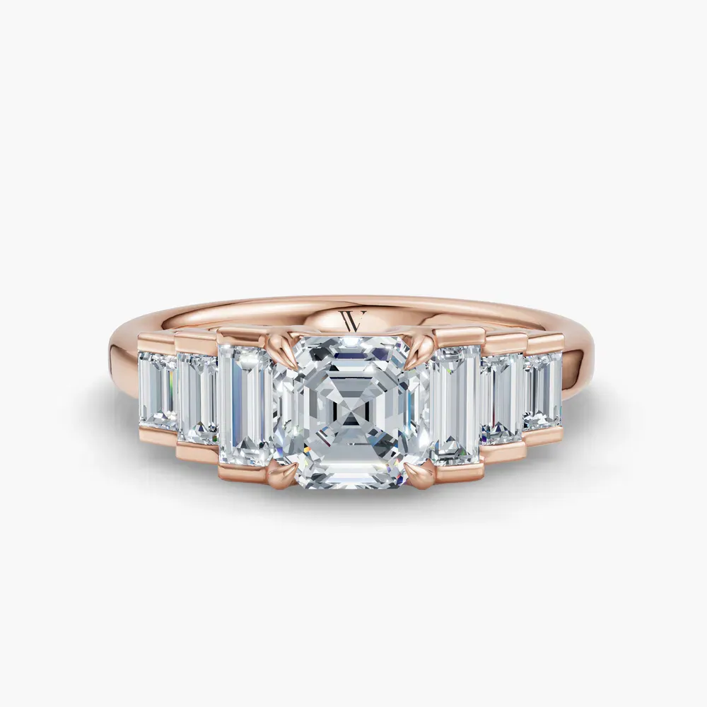 Certified 1 carat Lab Grown Diamond Asscher Cut Baguette, Art Deco, Side Stone Engagement Ring in 14K Rose Gold-Zepy