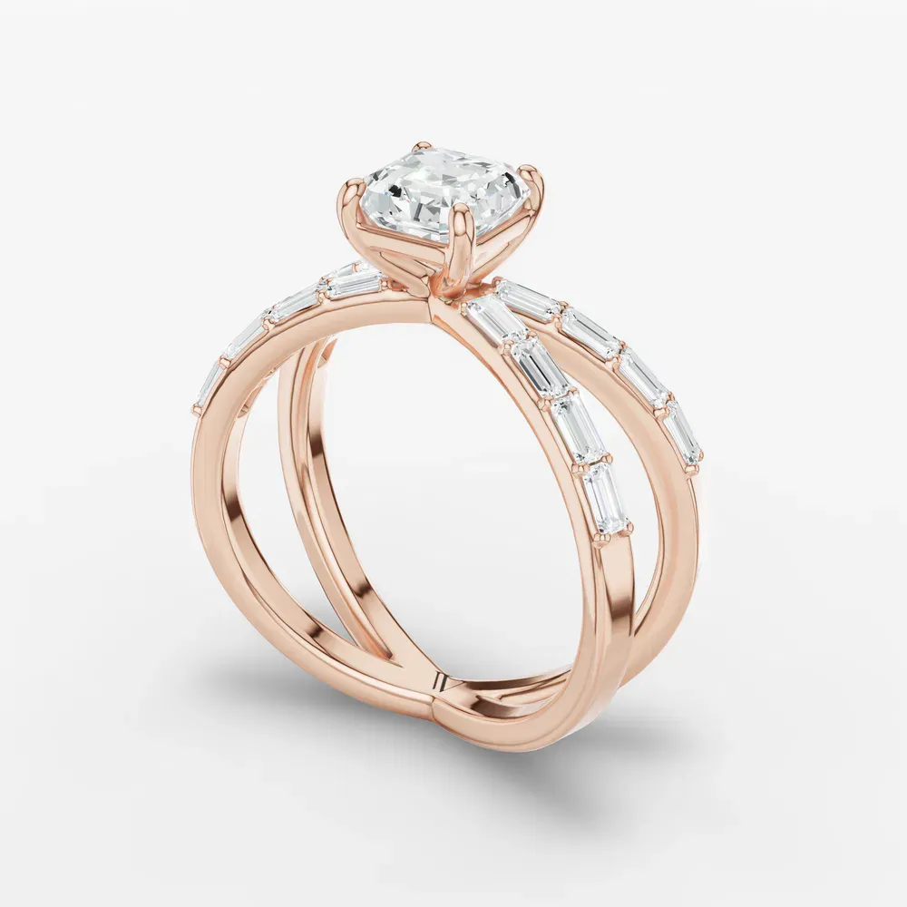 Certified 1 carat Lab Grown Diamond Asscher Cut Baguette, Unique, Split Shank Engagement Ring in 14K Rose Gold-Luminara