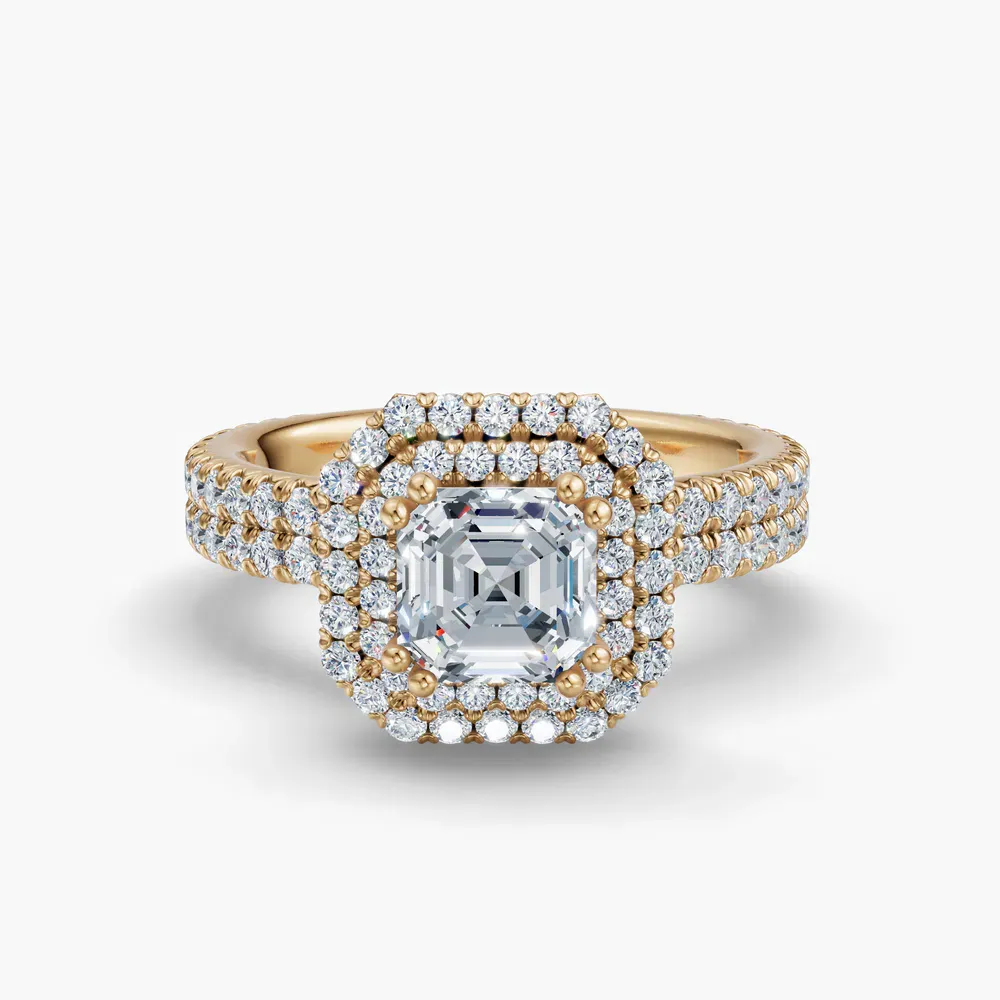 Certified 1 carat Lab Grown Diamond Asscher Cut Pavé, Halo, Hidden Halo Engagement Ring in 14K Yellow Gold-Caela