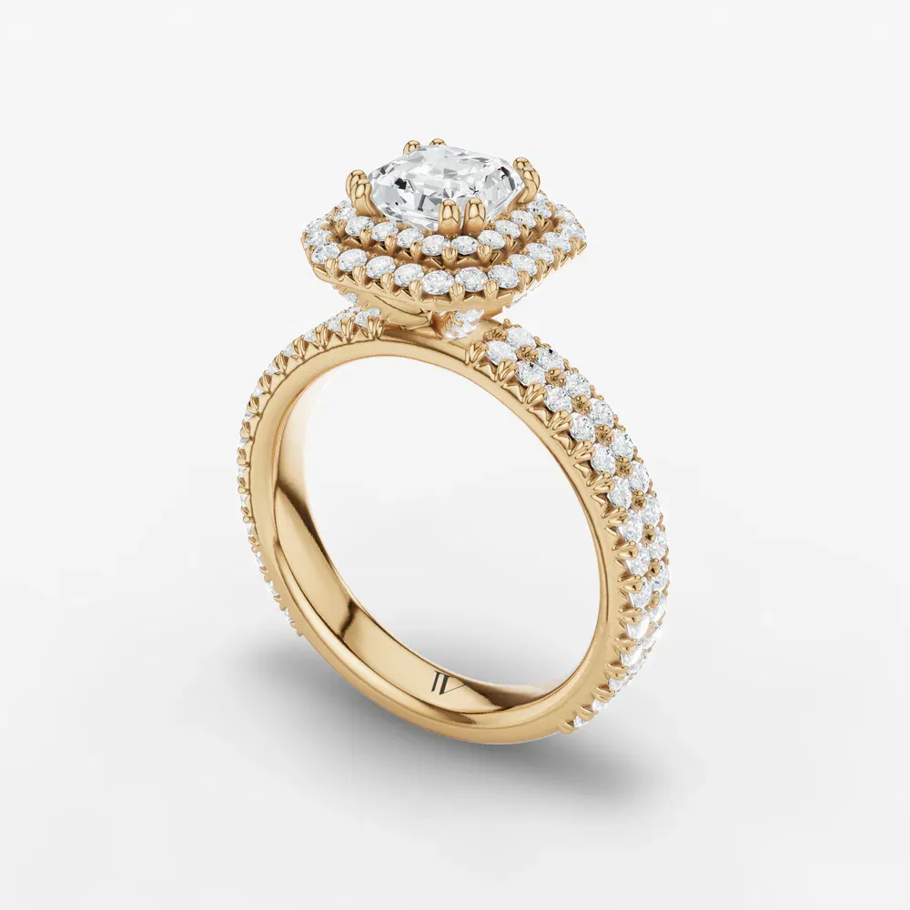 Certified 1 carat Lab Grown Diamond Asscher Cut Pavé, Halo, Hidden Halo Engagement Ring in 14K Yellow Gold-Caela