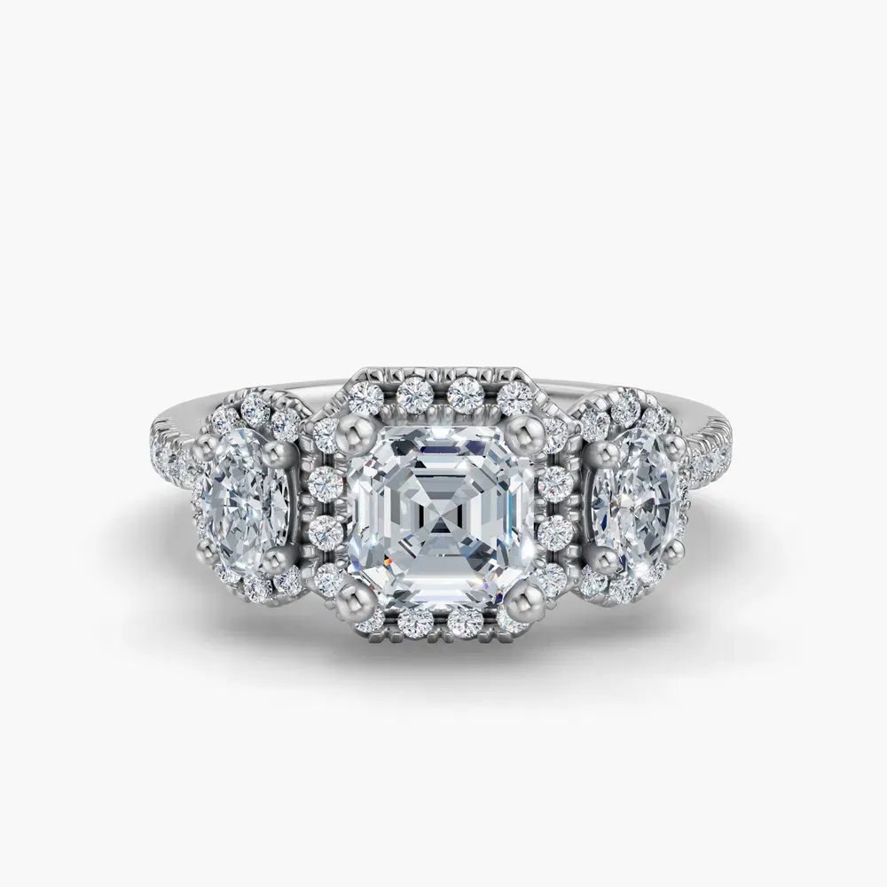 Certified 1 carat Lab Grown Diamond Asscher Cut Pavé, Three Stone, Halo Engagement Ring in 14K White Gold-Norell