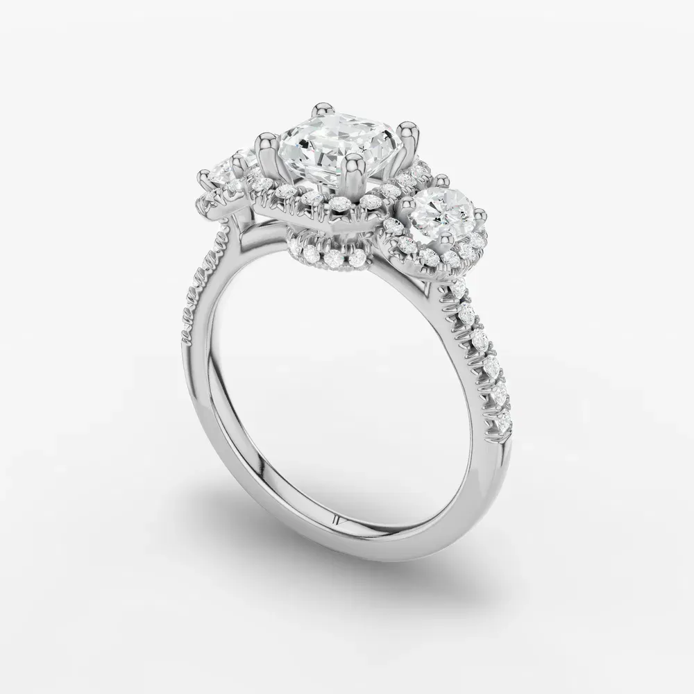 Certified 1 carat Lab Grown Diamond Asscher Cut Pavé, Three Stone, Halo Engagement Ring in 14K White Gold-Norell