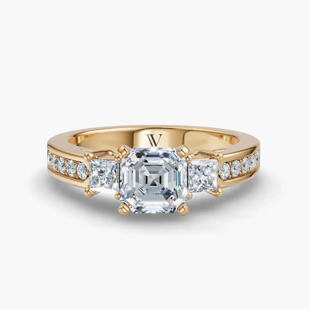 Certified 1 carat Lab Grown Diamond Asscher Cut Three Stone, Pavé, Channel Set Engagement Ring in 14K Yellow Gold-Velis