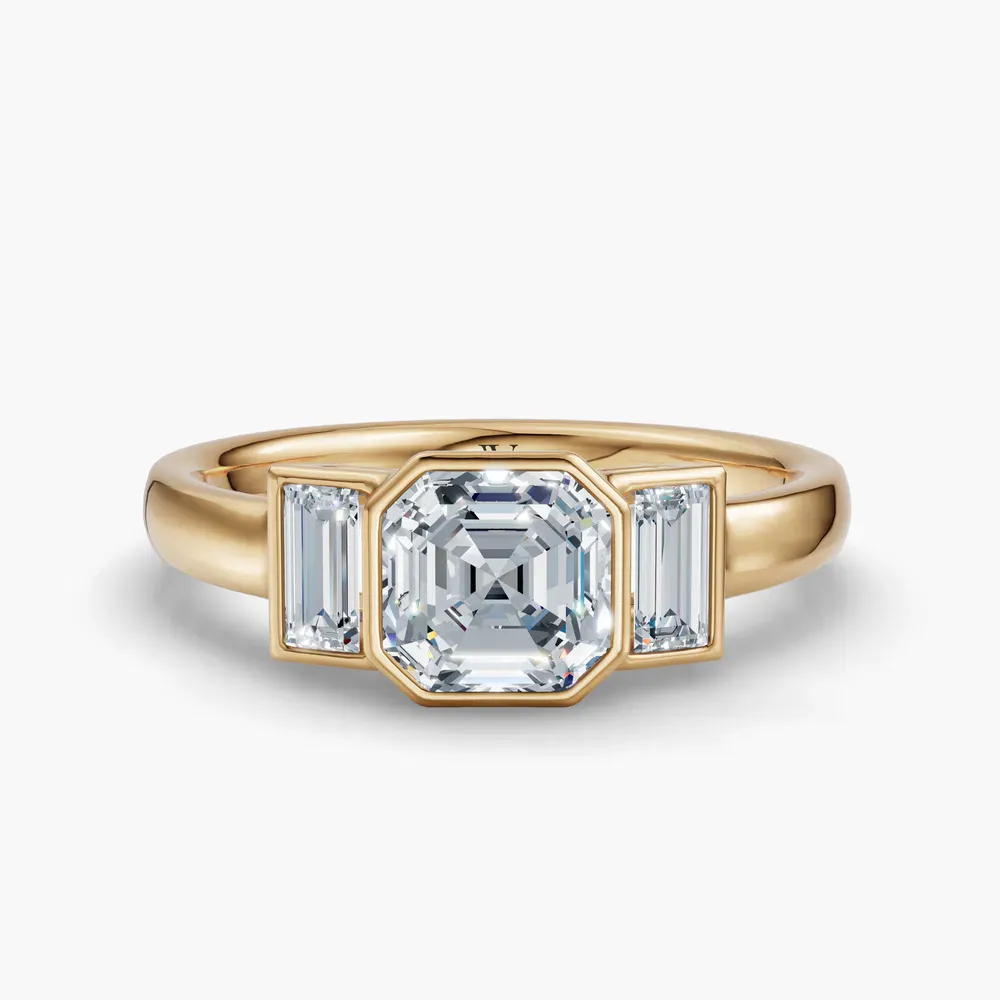 Certified 1 carat Lab Grown Diamond Asscher Cut Three Stone, Bezel, Baguette Engagement Ring in 14K Yellow Gold-Kine