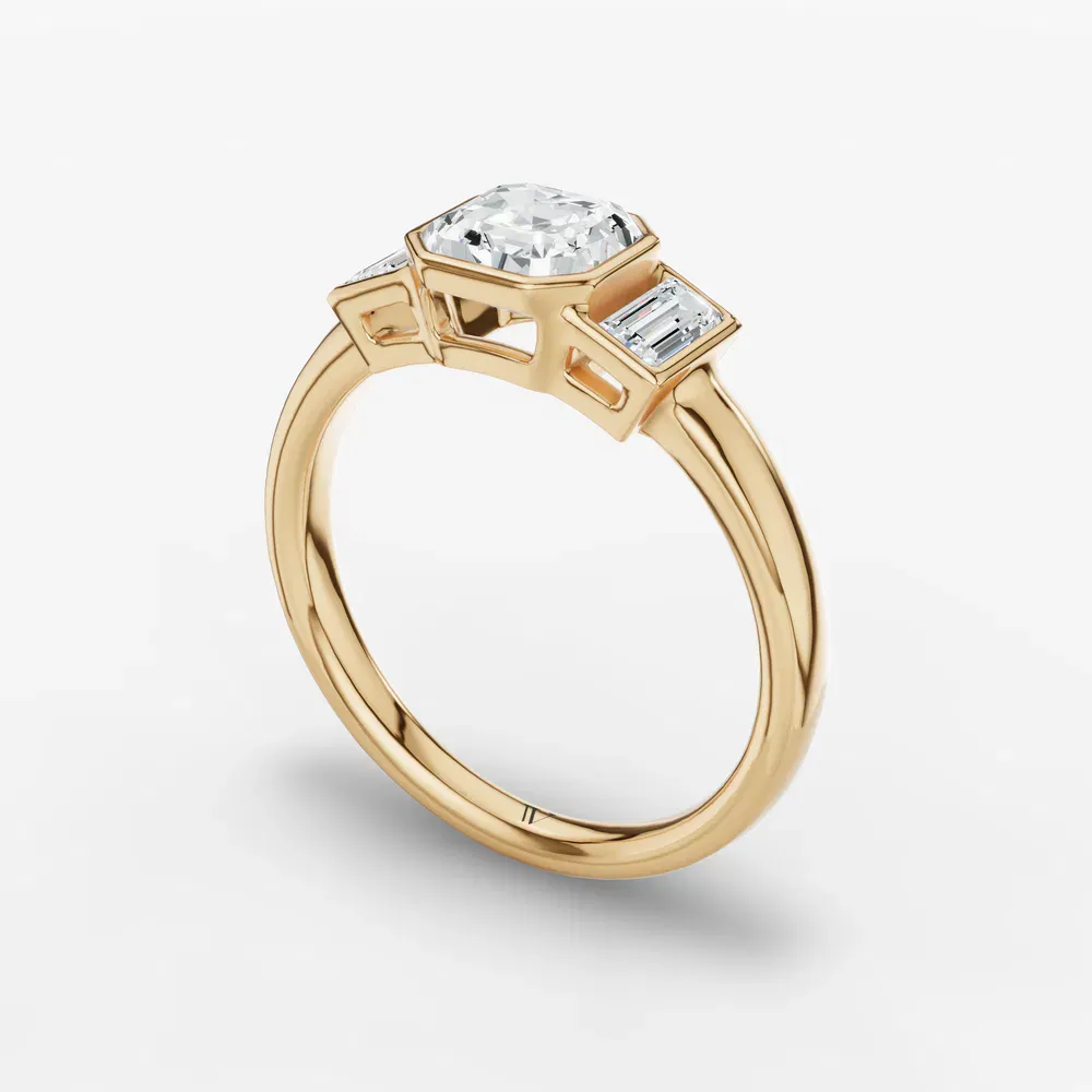 Certified 1 carat Lab Grown Diamond Asscher Cut Three Stone, Bezel, Baguette Engagement Ring in 14K Yellow Gold-Kine