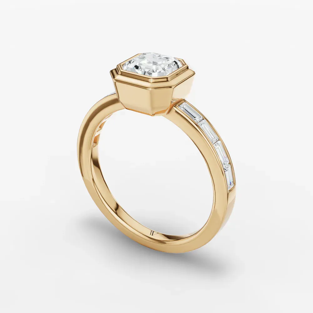 Certified 1 carat Lab Grown Diamond Asscher Cut Bezel, Channel Set, Art Deco Engagement Ring in 14K Yellow Gold-Celeste