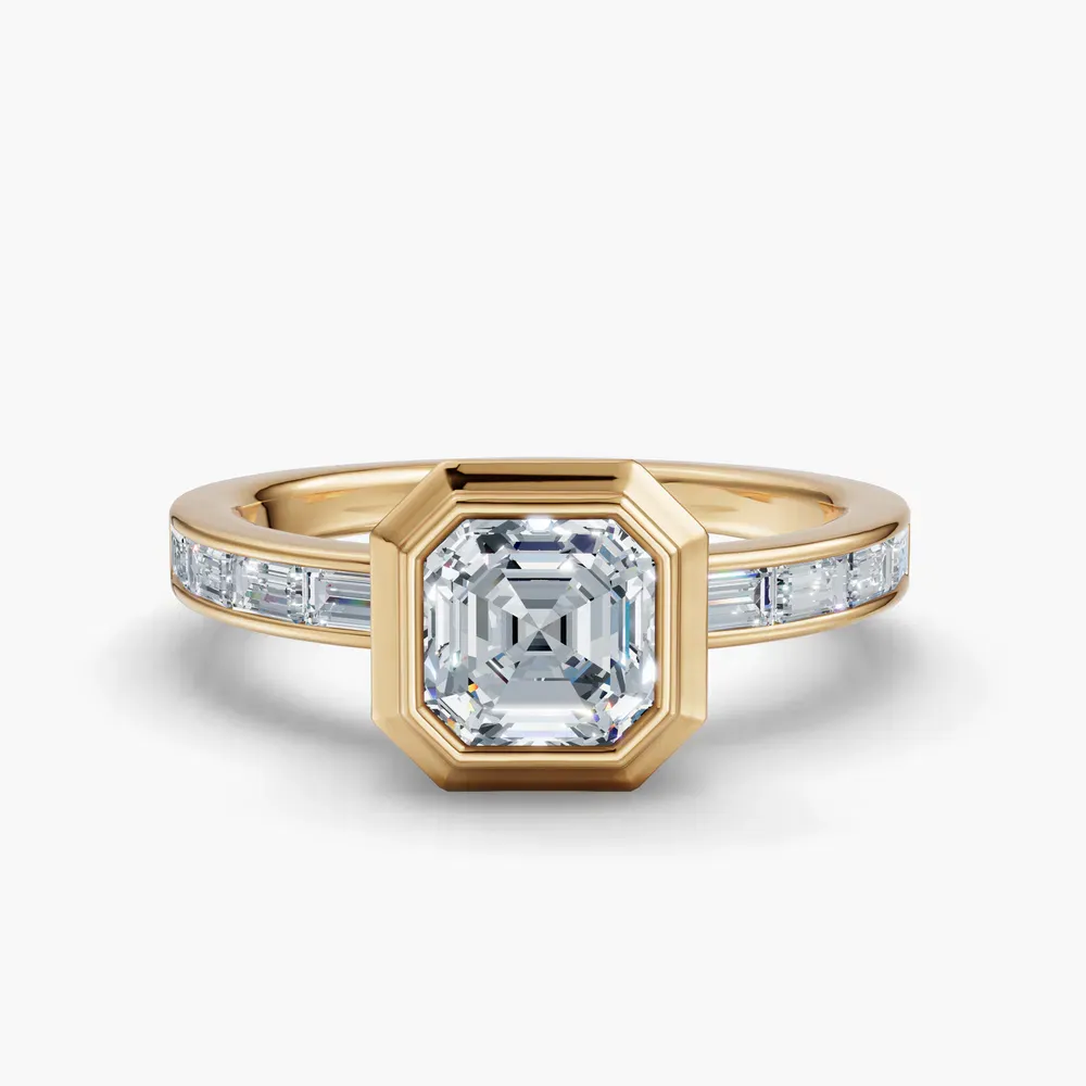 Certified 1 carat Lab Grown Diamond Asscher Cut Bezel, Channel Set, Art Deco Engagement Ring in 14K Yellow Gold-Celeste
