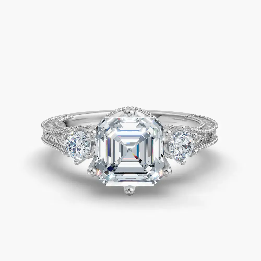 Certified 1 carat Lab Grown Diamond Asscher Cut Three Stone, Unique, Milgrain Engagement Ring in 14K White Gold-Zara