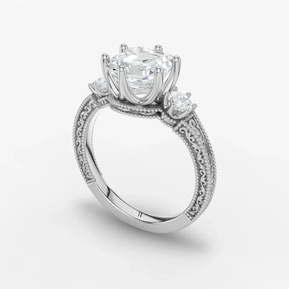 Certified 1 carat Lab Grown Diamond Asscher Cut Three Stone, Unique, Milgrain Engagement Ring in 14K White Gold-Zara