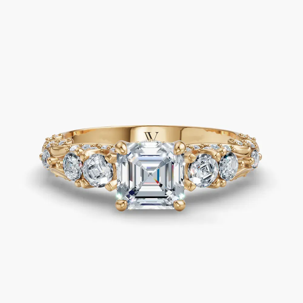 Certified 1 carat Lab Grown Diamond Asscher Cut Hidden Halo, Unique, Side Stone Engagement Ring in 14K Yellow Gold-Marinia