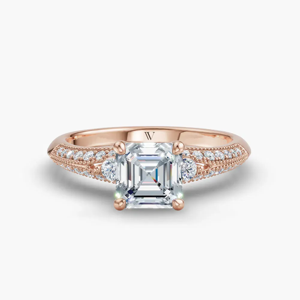 Certified 1 carat Lab Grown Diamond Asscher Cut Milgrain, Three Stone, Pavé Engagement Ring in 14K Rose Gold-Avery