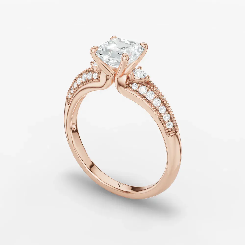 Certified 1 carat Lab Grown Diamond Asscher Cut Milgrain, Three Stone, Pavé Engagement Ring in 14K Rose Gold-Avery