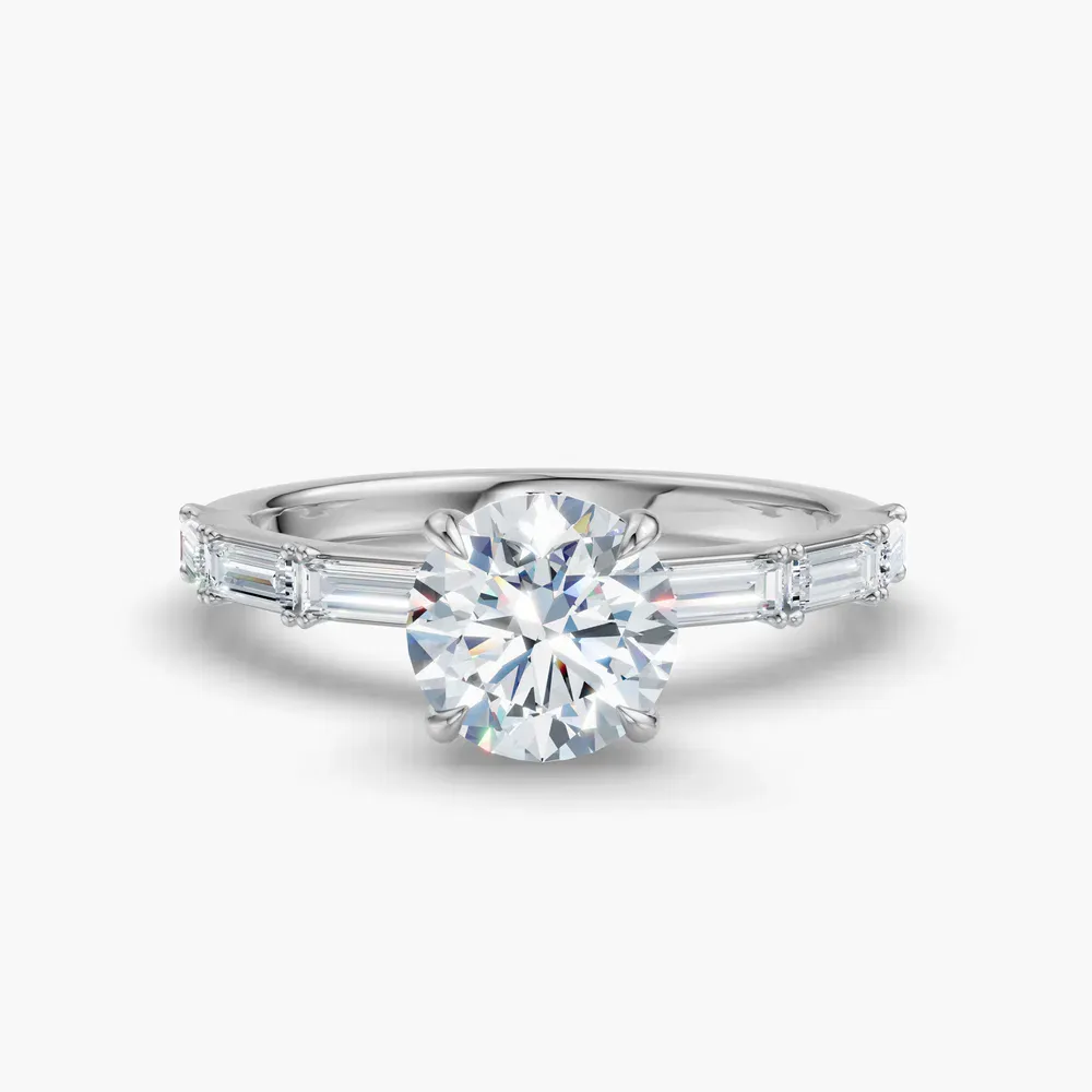 Certified 1 carat Lab Grown Diamond Round Cut Baguette, Four Prong, Side Stone Engagement Ring in 14K White Gold-Lunark