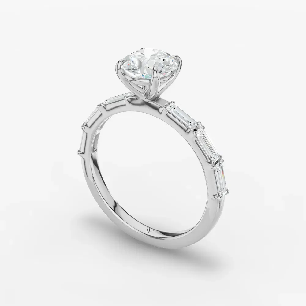 Certified 1 carat Lab Grown Diamond Round Cut Baguette, Four Prong, Side Stone Engagement Ring in 14K White Gold-Lunark