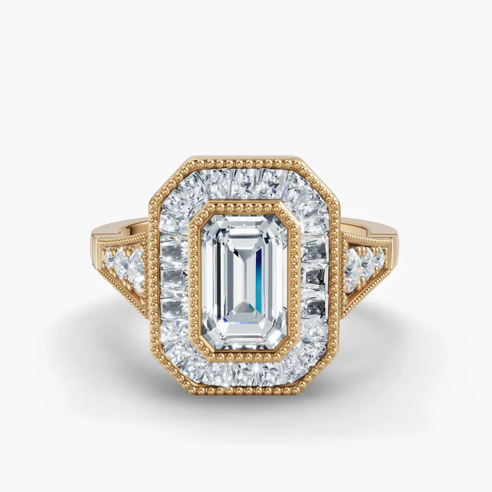 Certified 1 carat Lab Grown Diamond Emerald Cut Art Deco, Baguette, Milgrain Engagement Ring in 14K Yellow Gold-Luxen