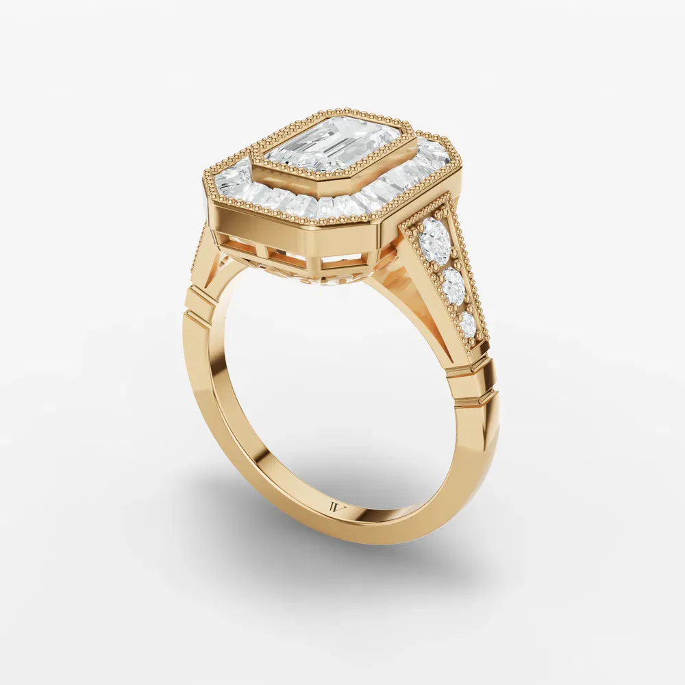 Certified 1 carat Lab Grown Diamond Emerald Cut Art Deco, Baguette, Milgrain Engagement Ring in 14K Yellow Gold-Luxen