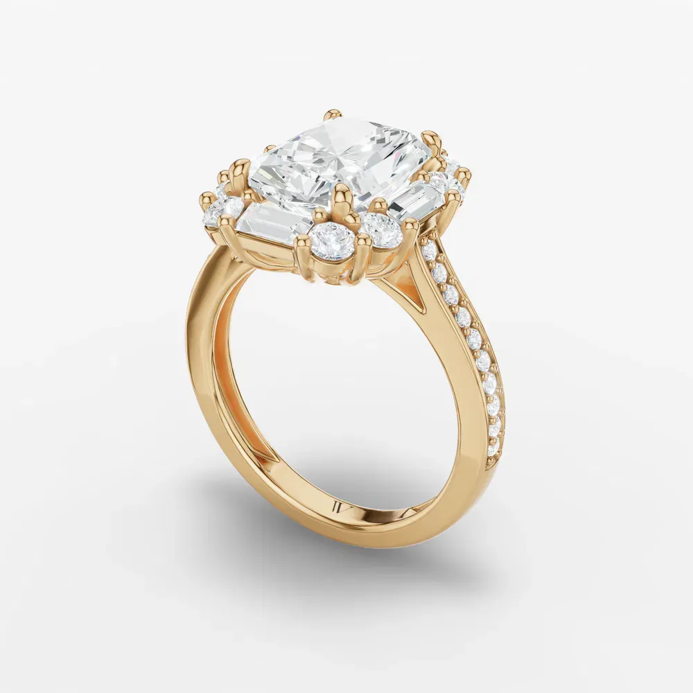 Certified 2 carat Lab Grown Diamond Radiant Cut Halo, Art Deco, Cathedral Engagement Ring in 14K Yellow Gold-Crysle