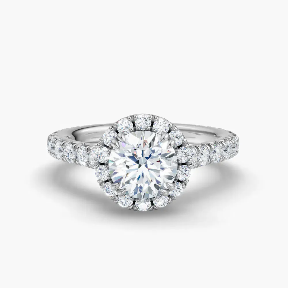 Certified 1 carat Lab Grown Diamond Round Cut Cathedral, Pavé, Halo Engagement Ring in 14K White Gold-Zaria