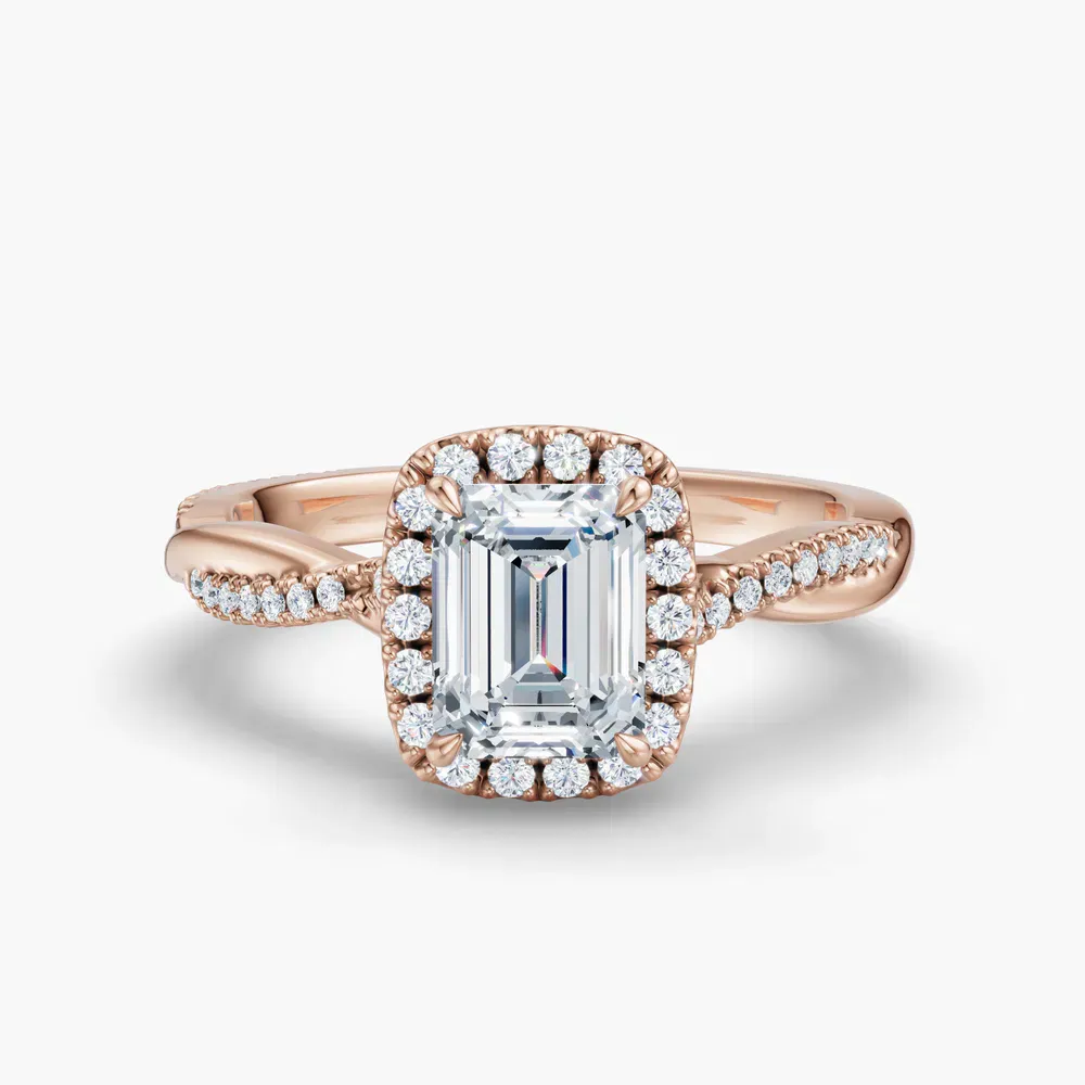 Certified 1 carat Lab Grown Diamond Emerald Cut Twist, Cathedral, Pavé Engagement Ring in 14K Rose Gold-Itic
