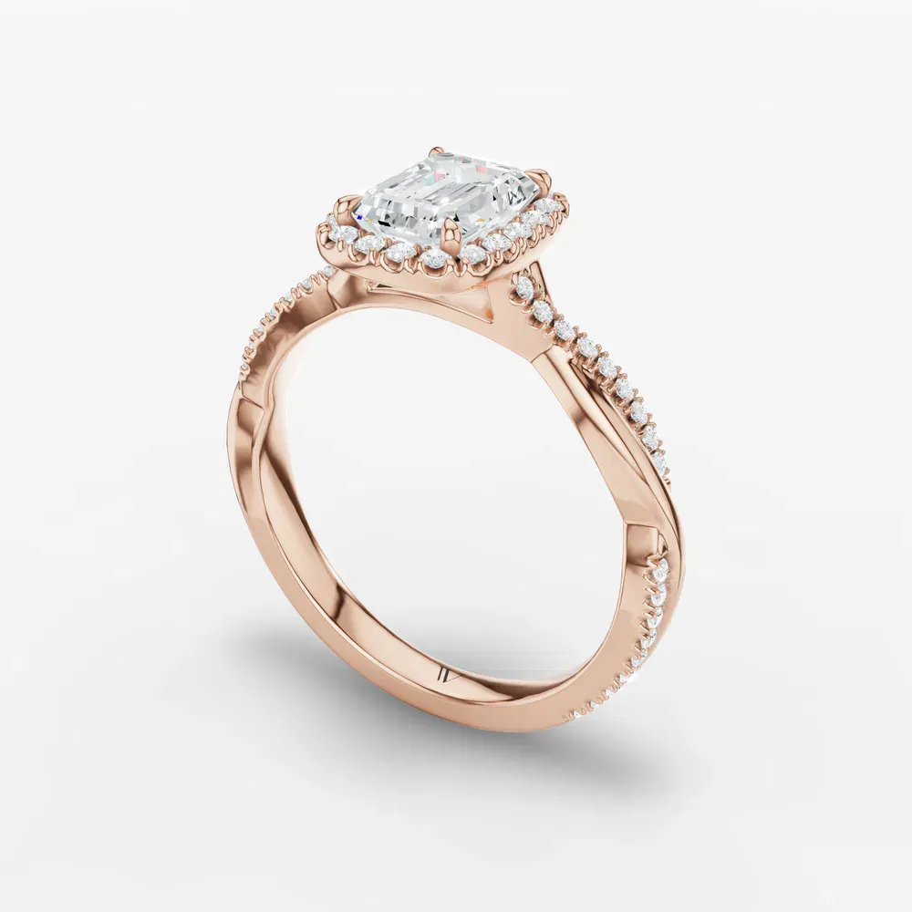 Certified 1 carat Lab Grown Diamond Emerald Cut Twist, Cathedral, Pavé Engagement Ring in 14K Rose Gold-Itic