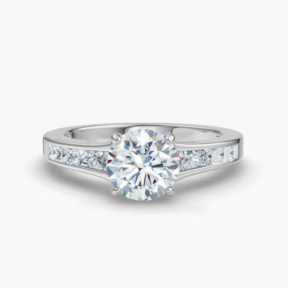 Certified 1 carat Lab Grown Diamond Round Cut Channel Set, Baguette, Cathedral Engagement Ring in 14K White Gold-Gwynv