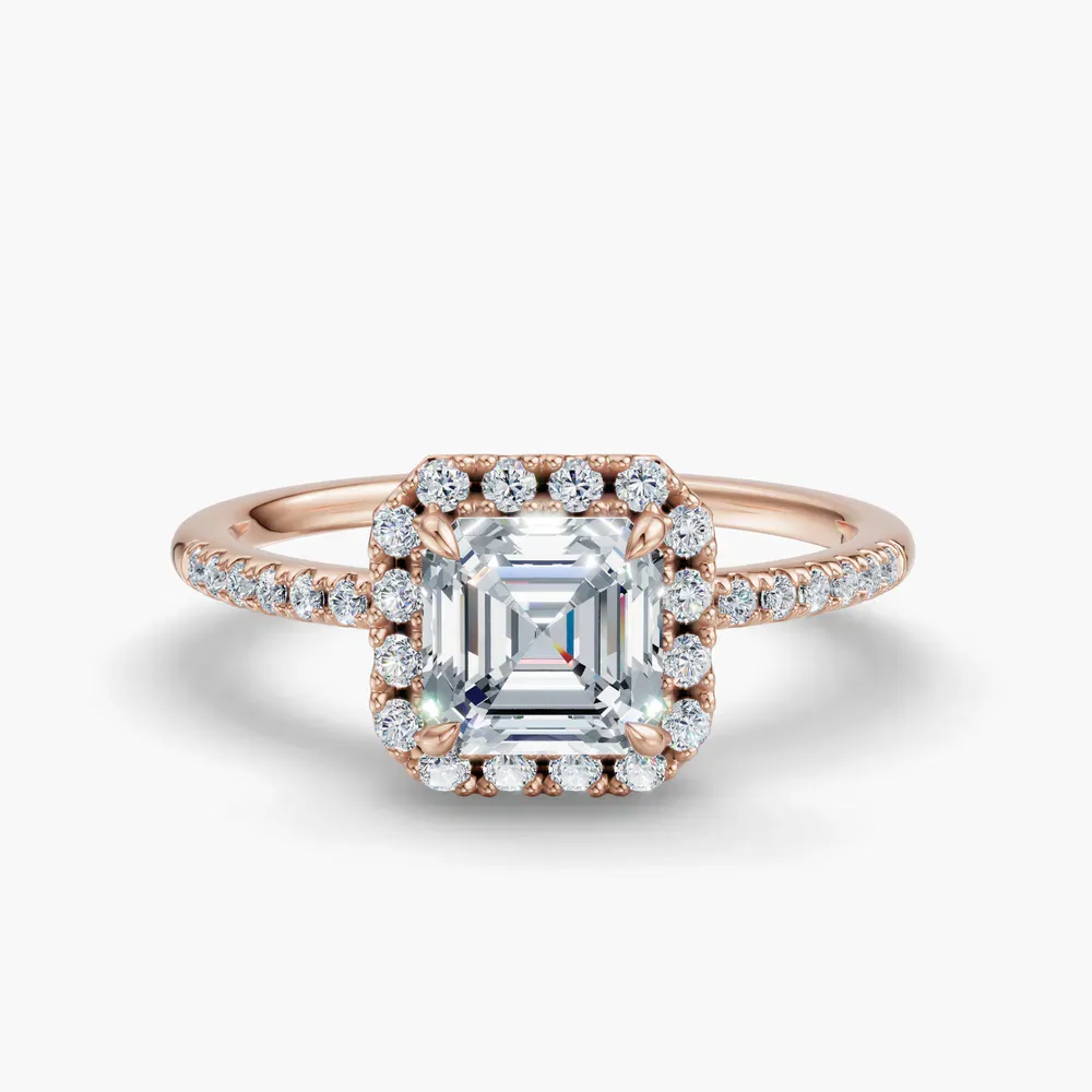 Certified 1 carat Lab Grown Diamond Asscher Cut Halo, Pavé, Classic Engagement Ring in 14K Rose Gold-Elite Vaelumette