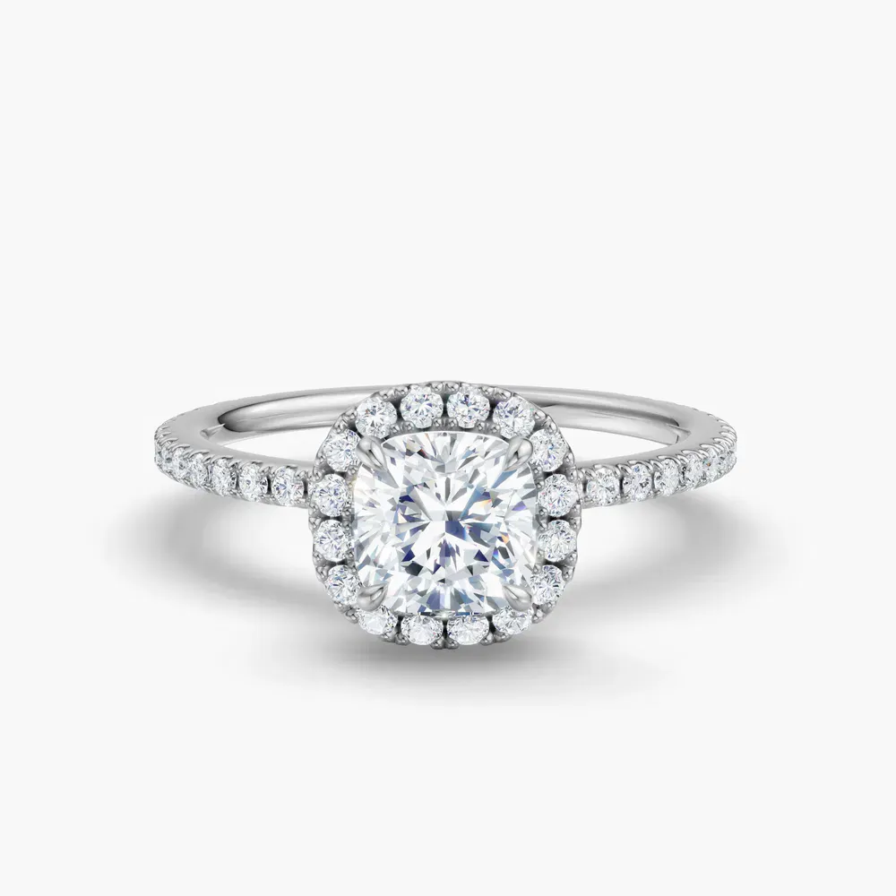 Certified 1 carat Lab Grown Diamond Cushion Cut Pavé, Halo, Hidden Halo Engagement Ring in 14K White Gold-Jynl