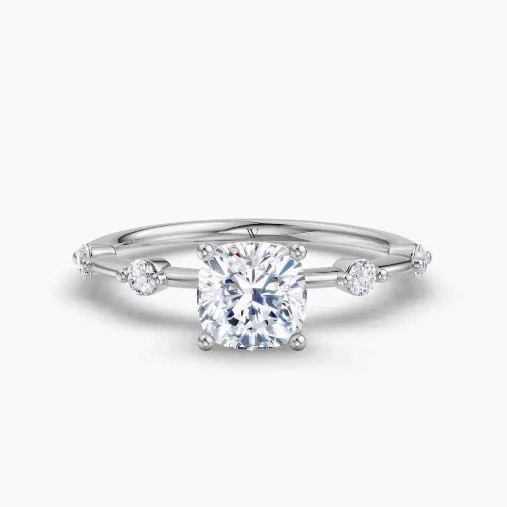 Certified 1 carat Lab Grown Diamond Cushion Cut Low profile, Side Stone Engagement Ring in 14K White Gold-Hriw