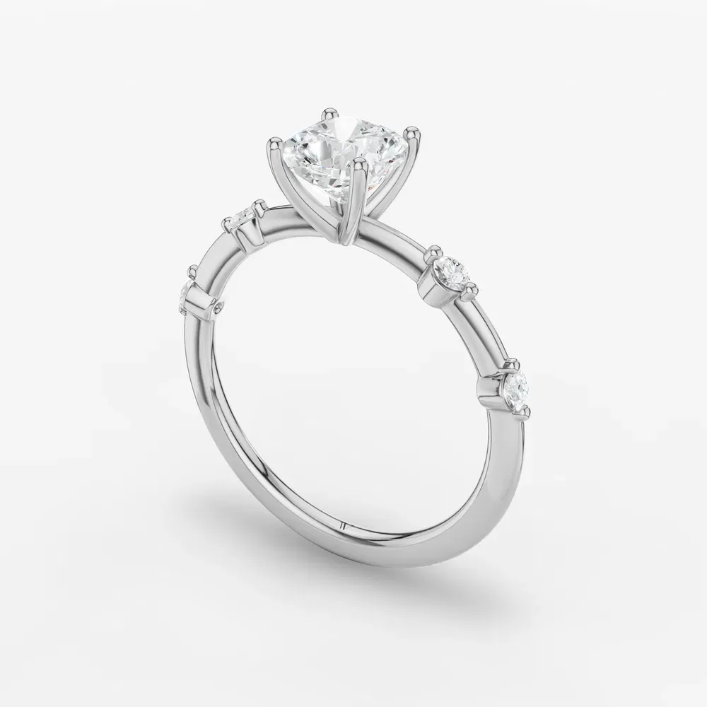 Certified 1 carat Lab Grown Diamond Cushion Cut Low profile, Side Stone Engagement Ring in 14K White Gold-Hriw