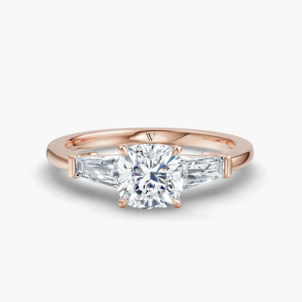 Certified 1 carat Lab Grown Diamond Cushion Cut Three Stone, Baguette, Cathedral Engagement Ring in 14K Rose Gold-Glyss