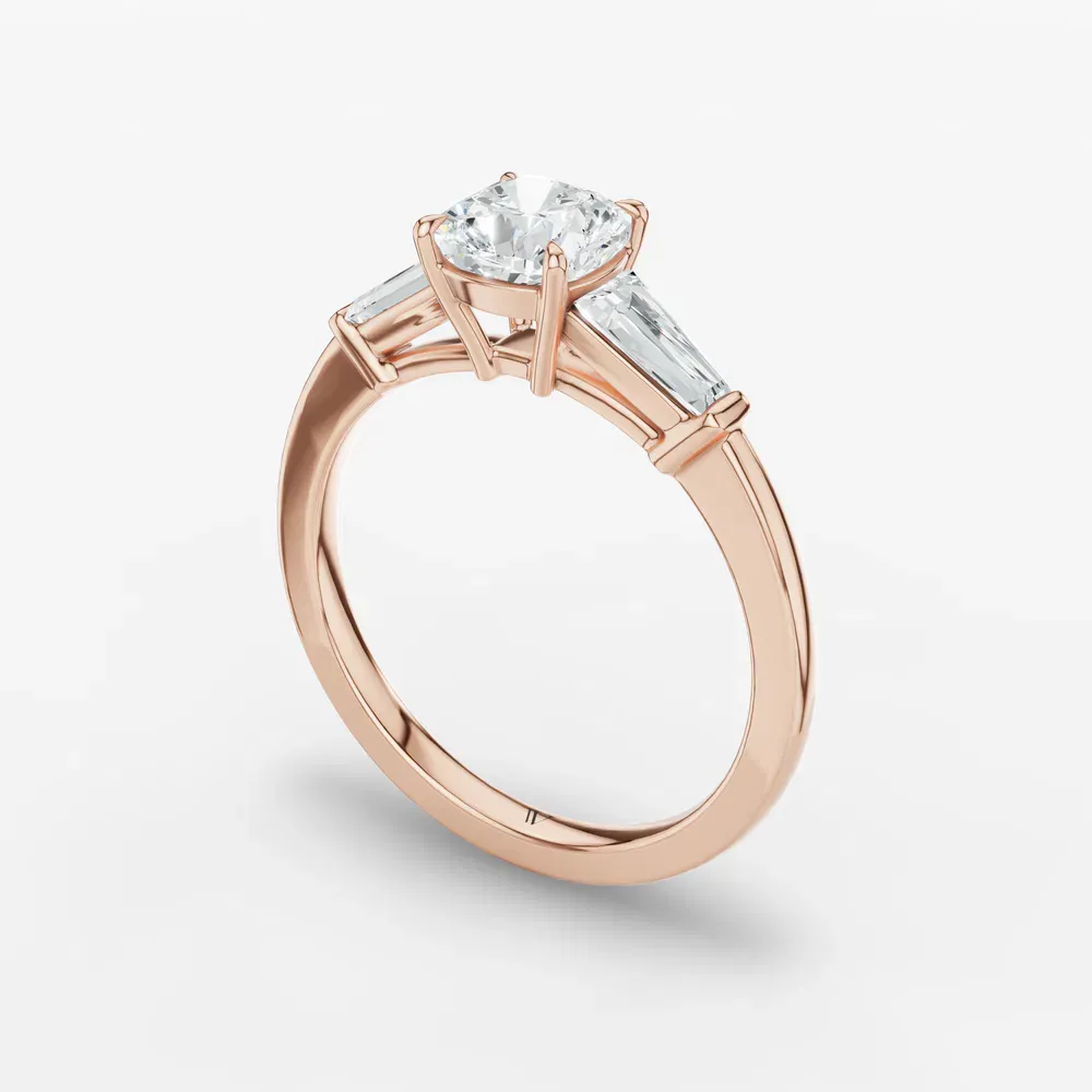 Certified 1 carat Lab Grown Diamond Cushion Cut Three Stone, Baguette, Cathedral Engagement Ring in 14K Rose Gold-Glyss