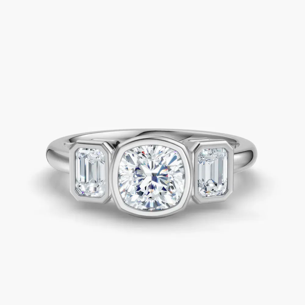 Certified 1 carat Lab Grown Diamond Cushion Cut Three Stone, Bezel, Low profile Engagement Ring in 14K White Gold-Elix