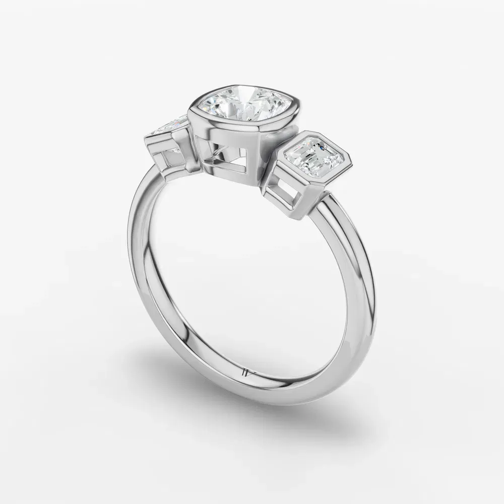 Certified 1 carat Lab Grown Diamond Cushion Cut Three Stone, Bezel, Low profile Engagement Ring in 14K White Gold-Elix