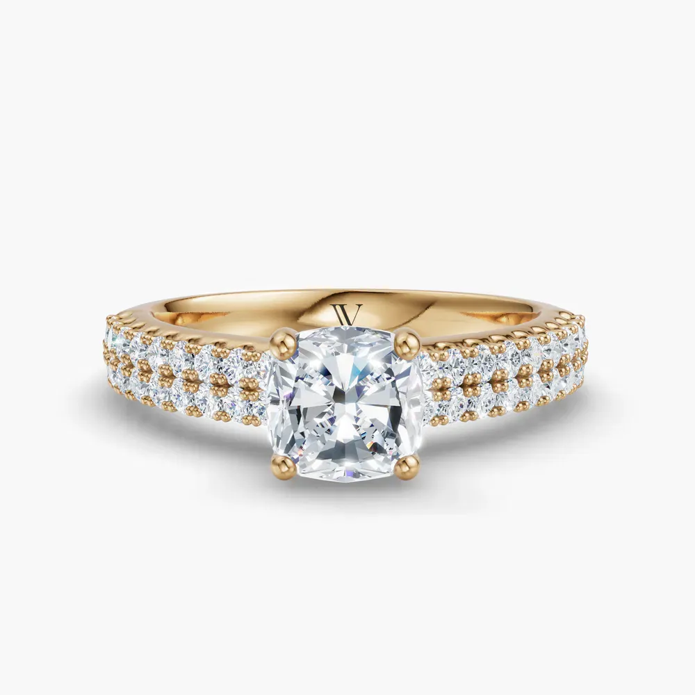 Certified 1 carat Lab Grown Diamond Cushion Cut Pavé, Classic, Simple Engagement Ring in 14K Yellow Gold-Mevdro