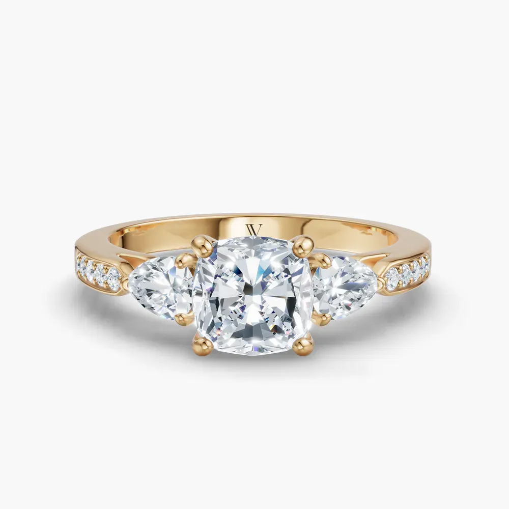 Certified 1 carat Lab Grown Diamond Cushion Cut Three Stone, Pavé, Side Stone Engagement Ring in 14K Yellow Gold-Zevd