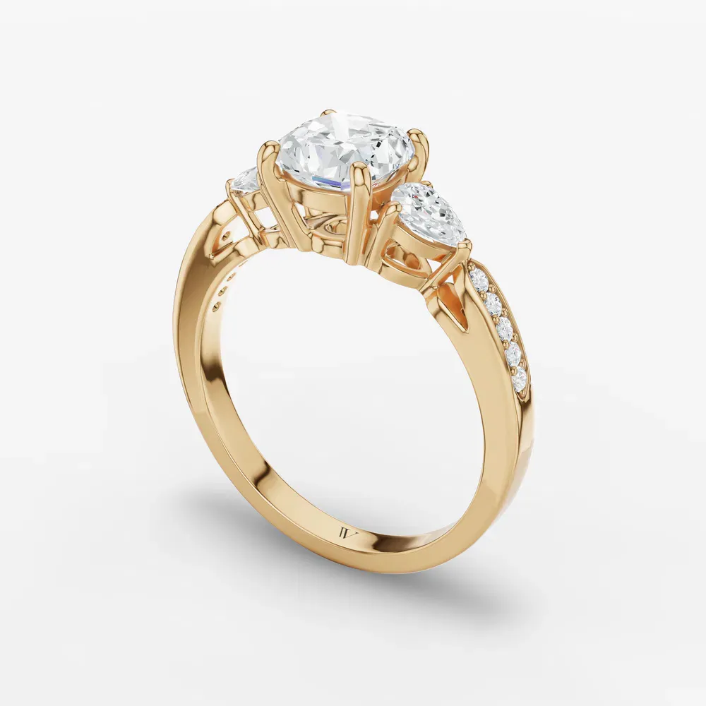Certified 1 carat Lab Grown Diamond Cushion Cut Three Stone, Pavé, Side Stone Engagement Ring in 14K Yellow Gold-Zevd