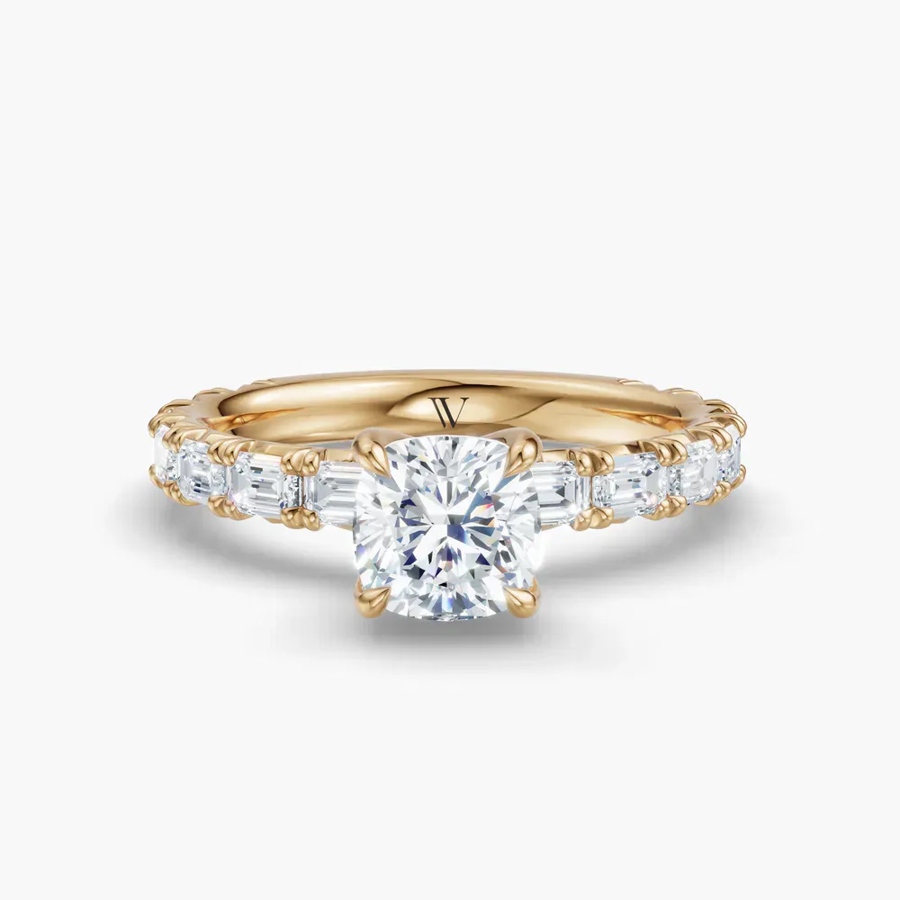 Certified 1 carat Lab Grown Diamond Cushion Cut Pavé, Classic, Simple Engagement Ring in 14K Yellow Gold-Jocelyn