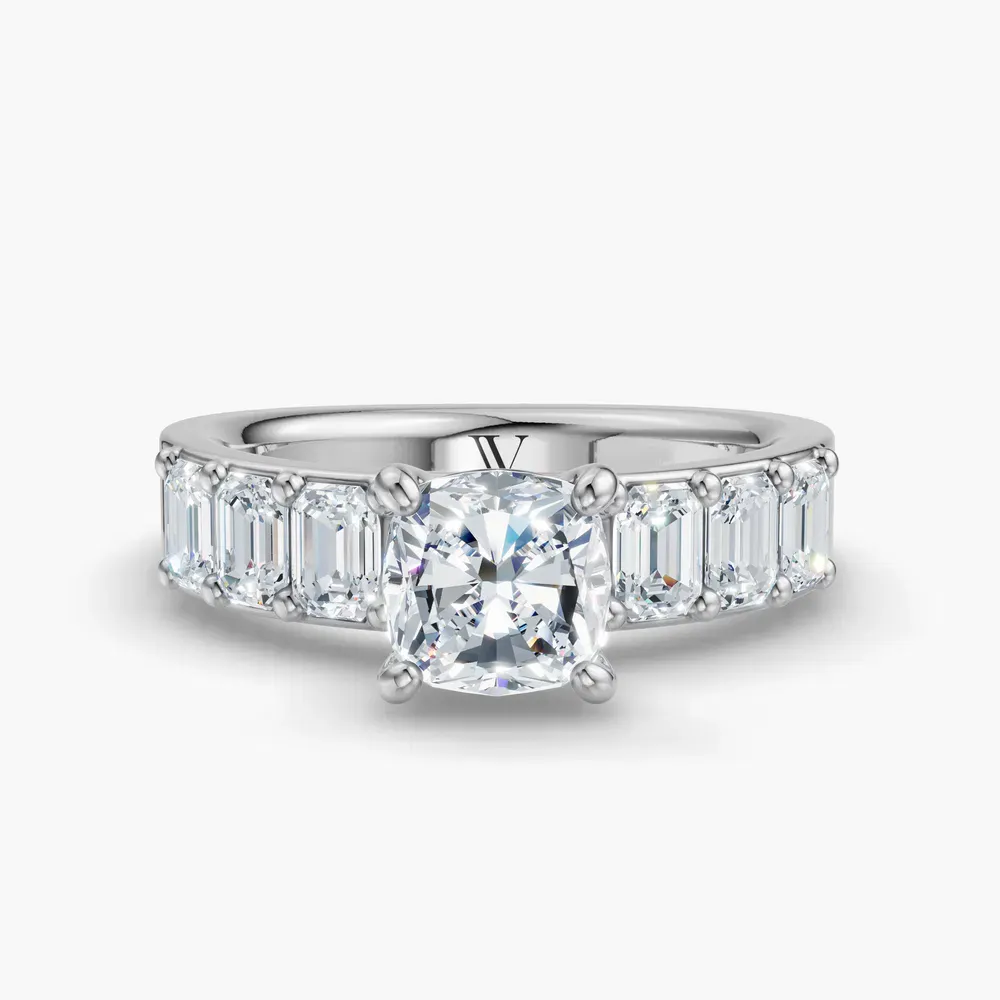 Certified 1 carat Lab Grown Diamond Cushion Cut Side Stone Engagement Ring in 14K White Gold-Novalis