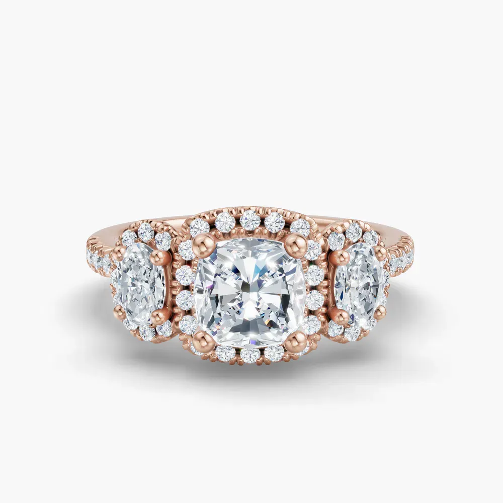 Certified 1 carat Lab Grown Diamond Cushion Cut Pavé, Three Stone, Halo Engagement Ring in 14K Rose Gold-Norell