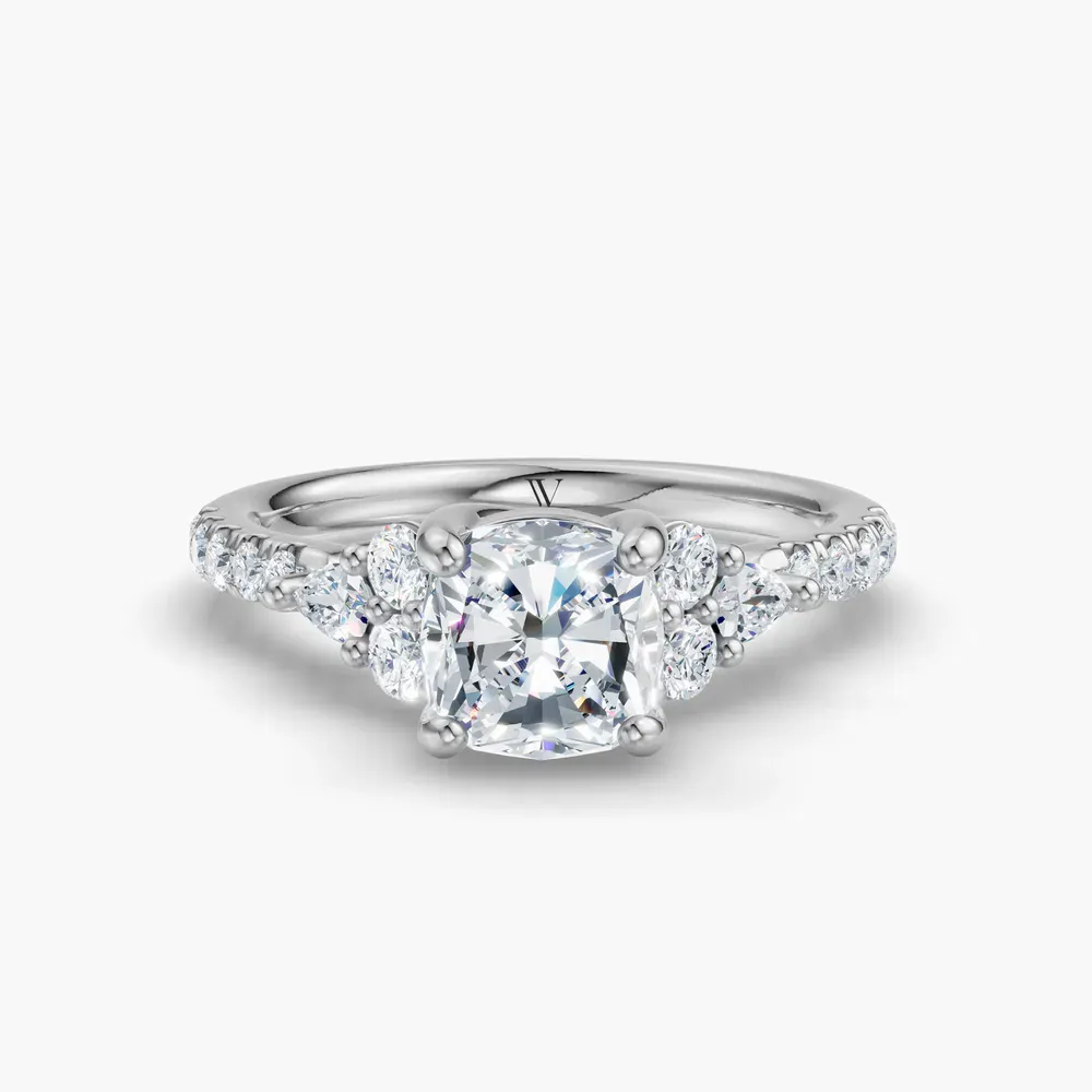 Certified 1 carat Lab Grown Diamond Cushion Cut Pavé, Side Stone Engagement Ring in 14K White Gold-Tarne
