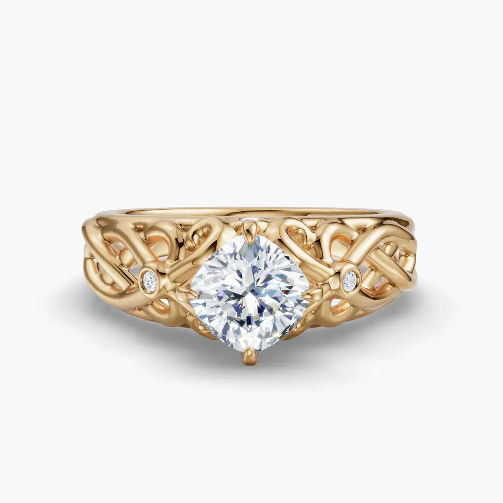 Certified 1 carat Lab Grown Diamond Cushion Cut Split Shank, Vintage, Twist Engagement Ring in 14K Yellow Gold-Seren