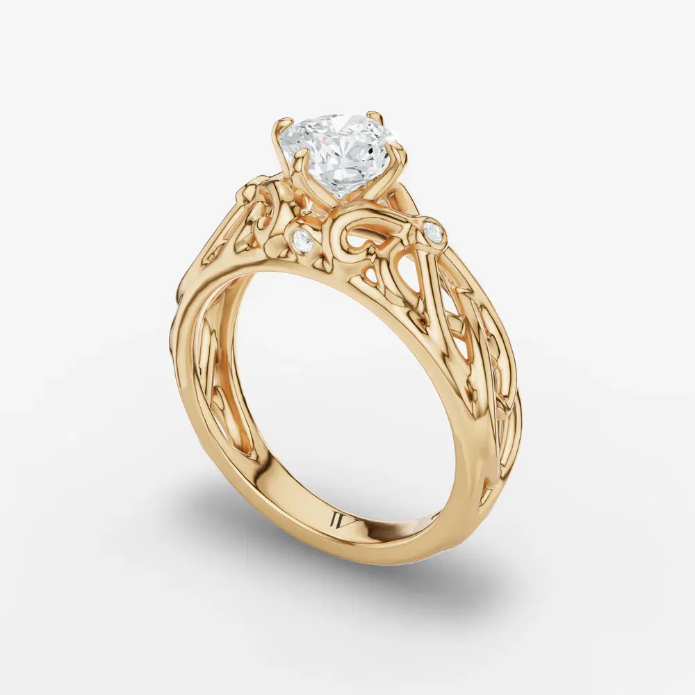 Certified 1 carat Lab Grown Diamond Cushion Cut Split Shank, Vintage, Twist Engagement Ring in 14K Yellow Gold-Seren