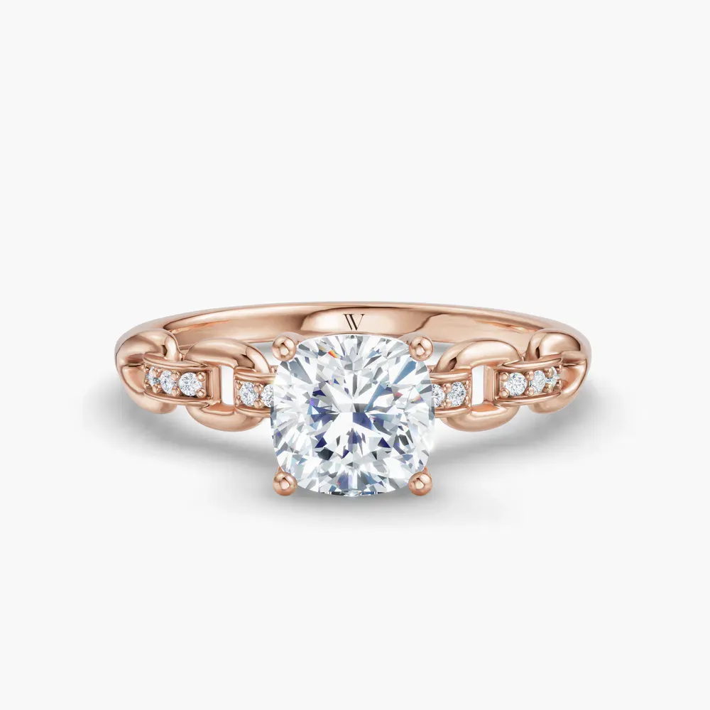 Certified 1 carat Lab Grown Diamond Cushion Cut Twist, Unique, Side Stone Engagement Ring in 14K Rose Gold-Perenne