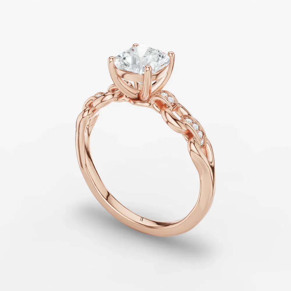 Certified 1 carat Lab Grown Diamond Cushion Cut Twist, Unique, Side Stone Engagement Ring in 14K Rose Gold-Perenne