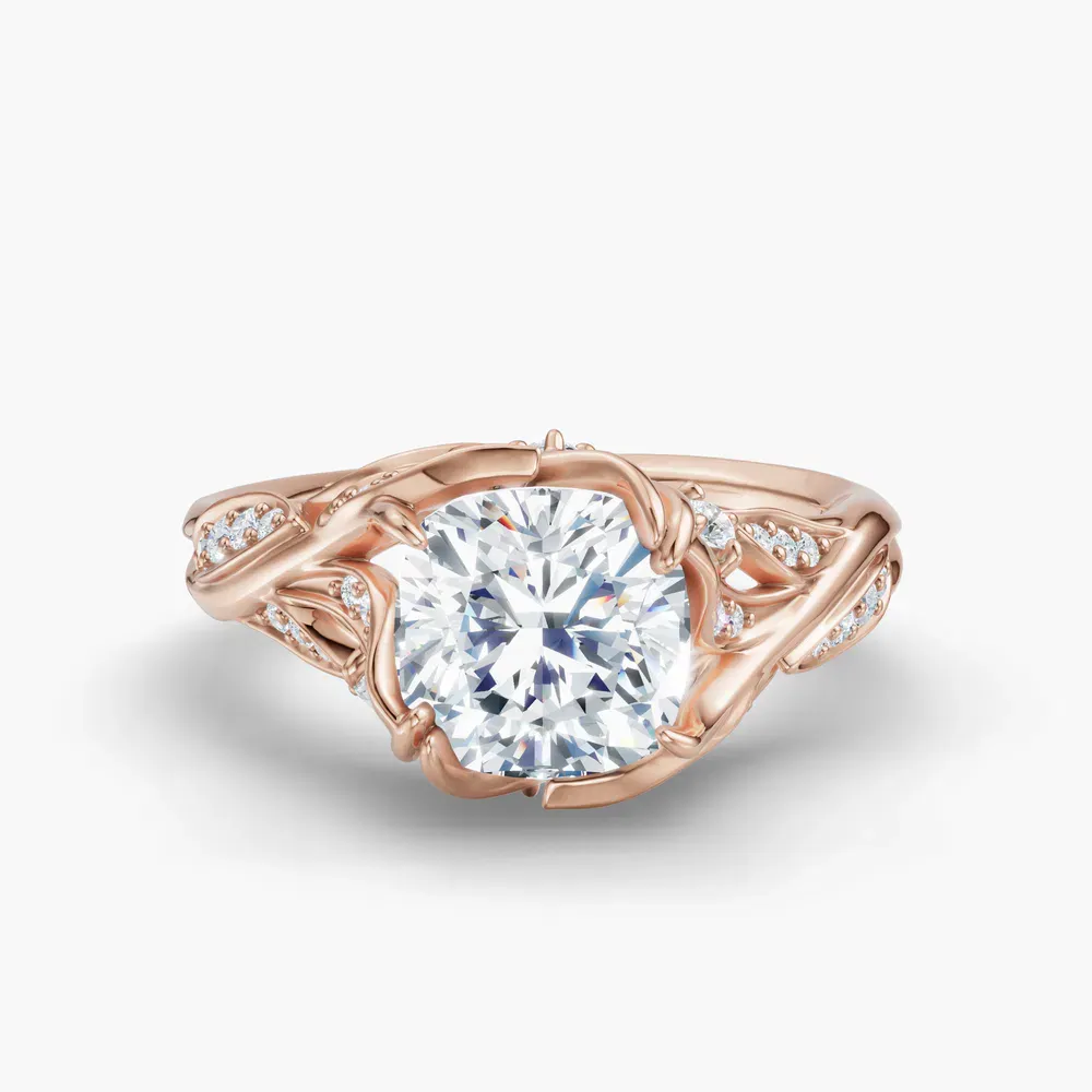 Certified 1 carat Lab Grown Diamond Cushion Cut Nature inspired, Twist, Pavé Engagement Ring in 14K Rose Gold-Hush