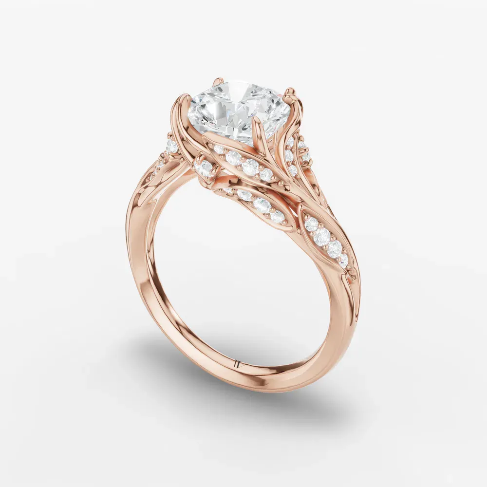 Certified 1 carat Lab Grown Diamond Cushion Cut Nature inspired, Twist, Pavé Engagement Ring in 14K Rose Gold-Hush